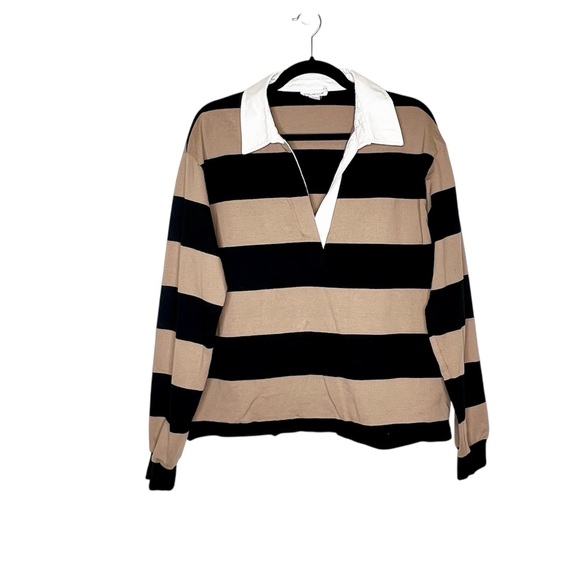 *SOLD* NEW Good American Oversized Rugby Shirt Tan/Black Size 1/2 (Small/Medium) - Picture 3 of 7